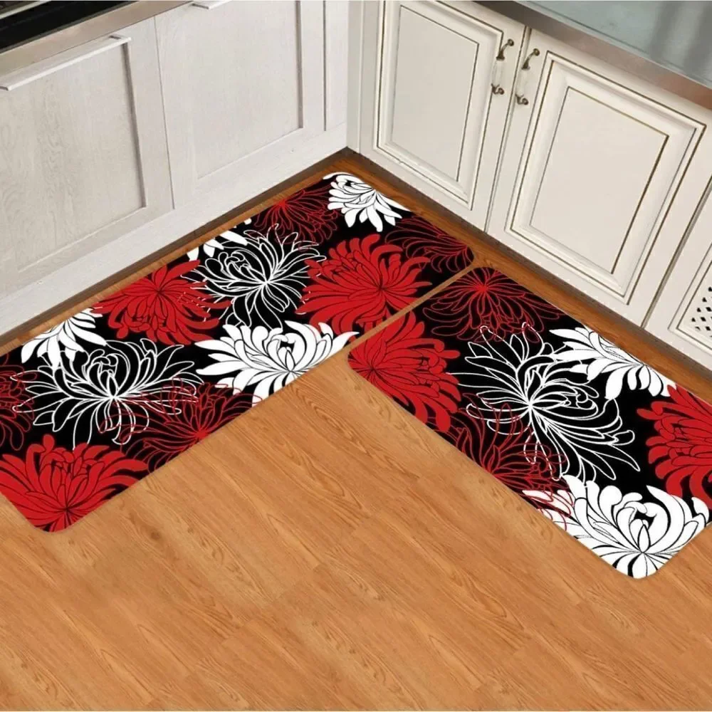 COPY - 2 Piece Non-Slip Waterproof Kitchen Runner Mat Set, Chrysanthemum Flower